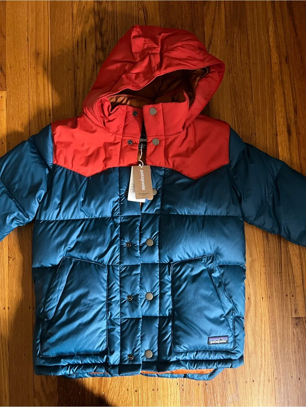 Patagonia Kids Teal Blue & Red Hooded Puffer Jacket